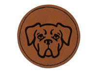 Boxer Dog Head Round Iron-On Engraved Faux Leather Patch Applique - 2.5"