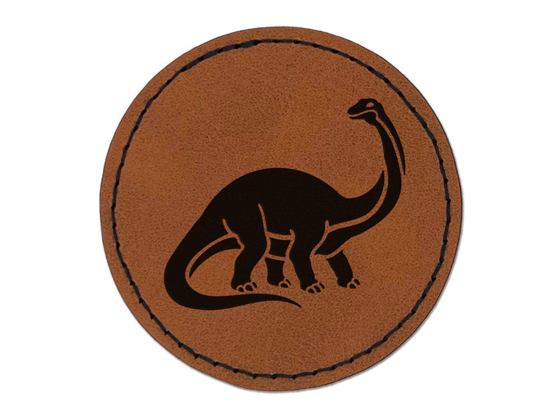 Brontosaurus Dinosaur Round Iron-On Engraved Faux Leather Patch Applique - 2.5"