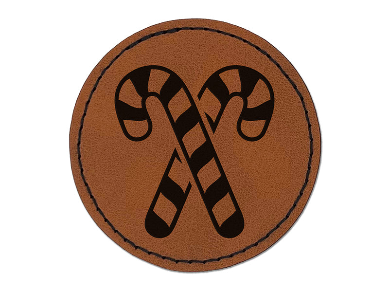 Crossed Candy Canes Christmas Round Iron-On Engraved Faux Leather Patch Applique - 2.5"