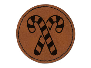 Crossed Candy Canes Christmas Round Iron-On Engraved Faux Leather Patch Applique - 2.5"