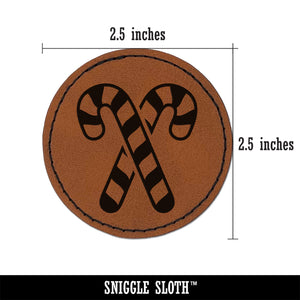 Crossed Candy Canes Christmas Round Iron-On Engraved Faux Leather Patch Applique - 2.5"