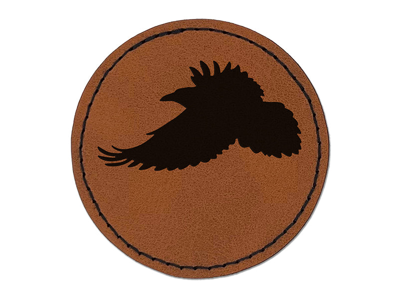 Flying Raven Bird Round Iron-On Engraved Faux Leather Patch Applique - 2.5"