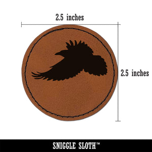 Flying Raven Bird Round Iron-On Engraved Faux Leather Patch Applique - 2.5"