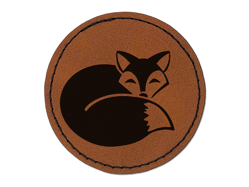 Fox Curled Up Sleeping Round Iron-On Engraved Faux Leather Patch Applique - 2.5"