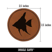 Freshwater Angelfish Fish Silhouette Round Iron-On Engraved Faux Leather Patch Applique - 2.5"