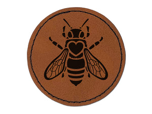 Honey Bee with Heart on Back Round Iron-On Engraved Faux Leather Patch Applique - 2.5"