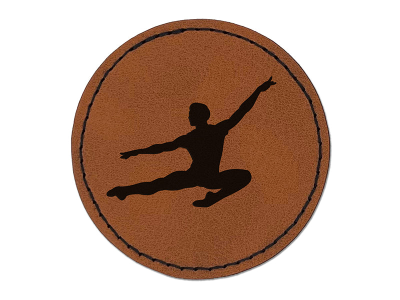 Male Ballet Dancer Jumping Man Boy Round Iron-On Engraved Faux Leather Patch Applique - 2.5"