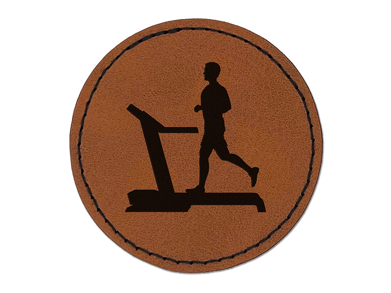 Man Running on Treadmill Cardio Workout Gym Round Iron-On Engraved Faux Leather Patch Applique - 2.5"