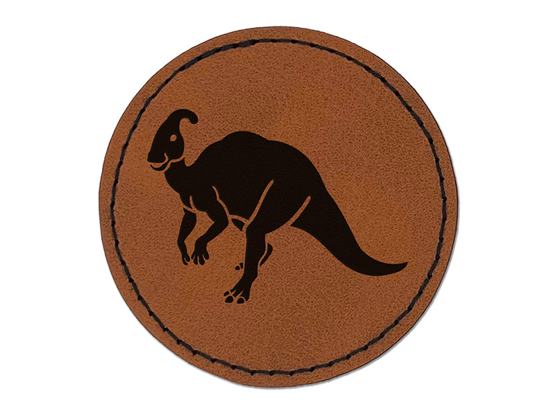 Parasaurolophus Dinosaur Round Iron-On Engraved Faux Leather Patch Applique - 2.5"