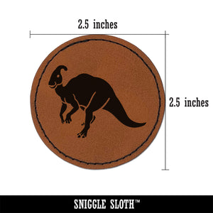 Parasaurolophus Dinosaur Round Iron-On Engraved Faux Leather Patch Applique - 2.5"