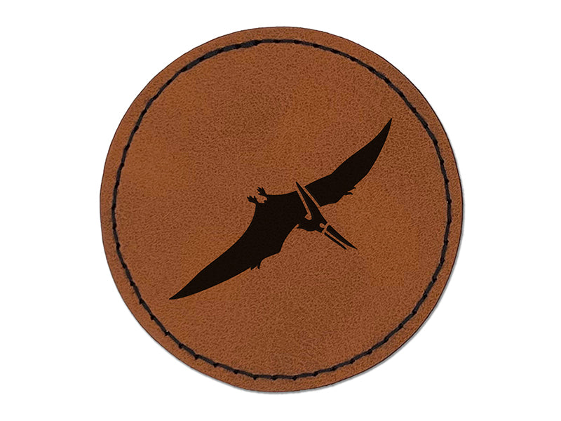 Pteranodon Dinosaur Round Iron-On Engraved Faux Leather Patch Applique - 2.5"
