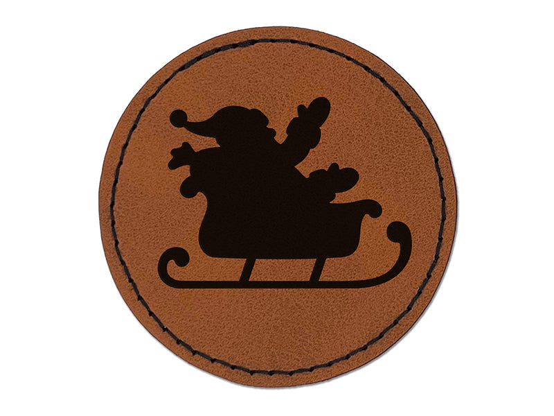 Santa in Sleigh Silhouette Christmas Round Iron-On Engraved Faux Leather Patch Applique - 2.5"