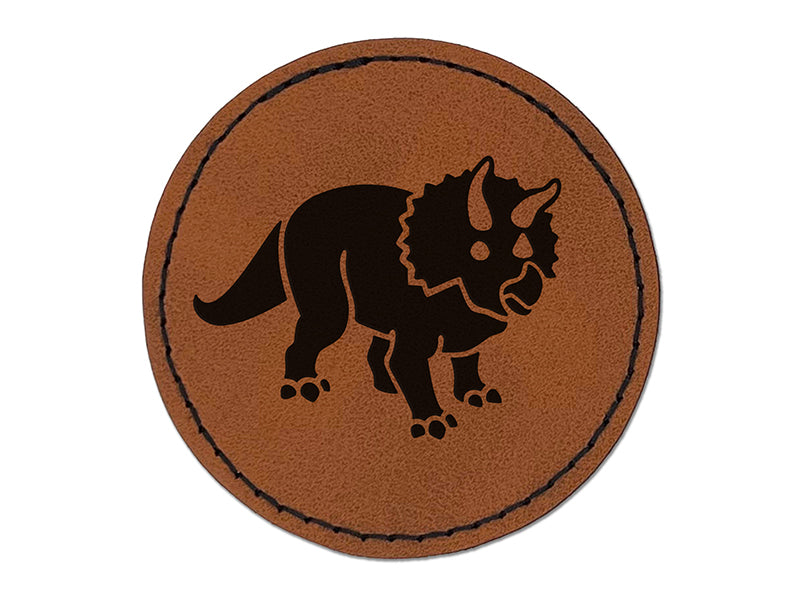 Triceratops Dinosaur Round Iron-On Engraved Faux Leather Patch Applique - 2.5"