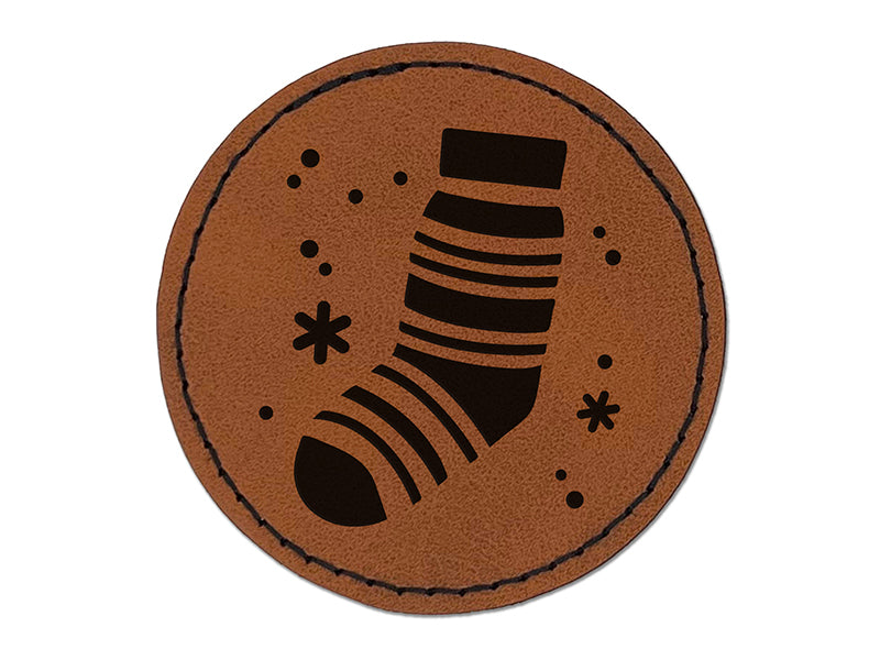 Christmas Stocking Sock Round Iron-On Engraved Faux Leather Patch Applique - 2.5"