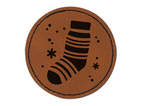 Christmas Stocking Sock Round Iron-On Engraved Faux Leather Patch Applique - 2.5"