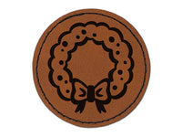 Christmas Wreath with Bow Round Iron-On Engraved Faux Leather Patch Applique - 2.5"