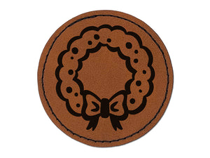 Christmas Wreath with Bow Round Iron-On Engraved Faux Leather Patch Applique - 2.5"