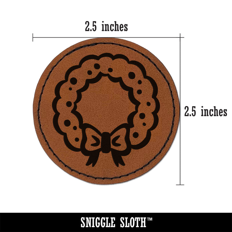 Christmas Wreath with Bow Round Iron-On Engraved Faux Leather Patch Applique - 2.5"