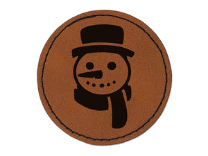 Snowman Face with Scarf Winter Round Iron-On Engraved Faux Leather Patch Applique - 2.5"