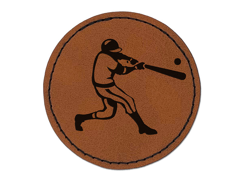 Baseball Player Batter Hitting Ball Round Iron-On Engraved Faux Leather Patch Applique - 2.5"