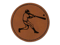 Baseball Player Batter Hitting Ball Round Iron-On Engraved Faux Leather Patch Applique - 2.5"