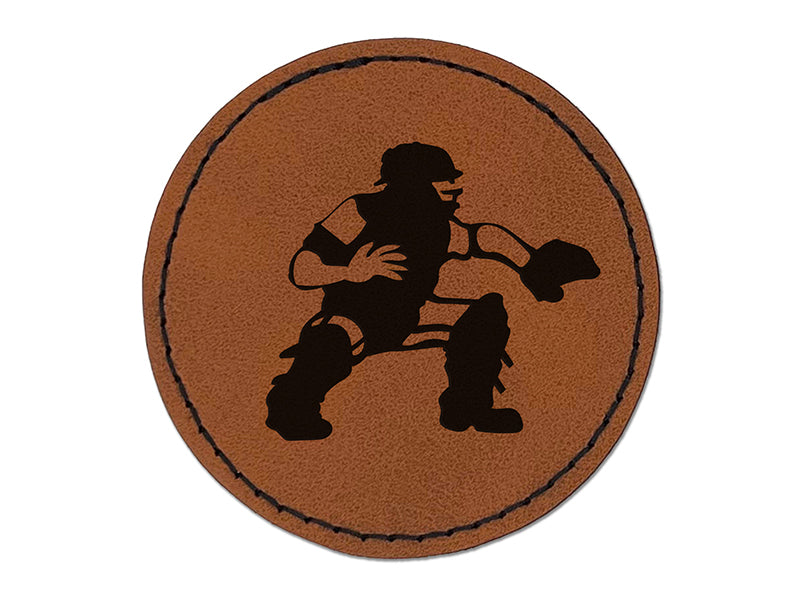 Baseball Player Catcher with Mitt Round Iron-On Engraved Faux Leather Patch Applique - 2.5"