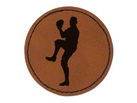 Baseball Player Pitcher Winding Up Round Iron-On Engraved Faux Leather Patch Applique - 2.5"