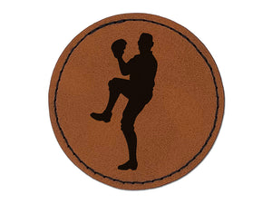 Baseball Player Pitcher Winding Up Round Iron-On Engraved Faux Leather Patch Applique - 2.5"