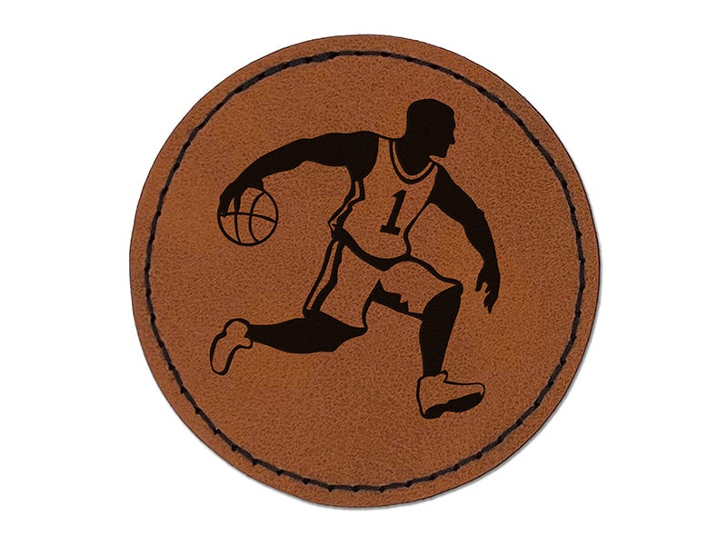 Basketball Player Dribbling Ball Running Round Iron-On Engraved Faux Leather Patch Applique - 2.5"
