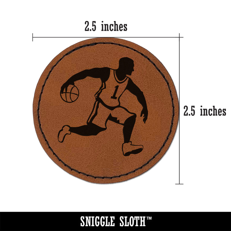 Basketball Player Dribbling Ball Running Round Iron-On Engraved Faux Leather Patch Applique - 2.5"
