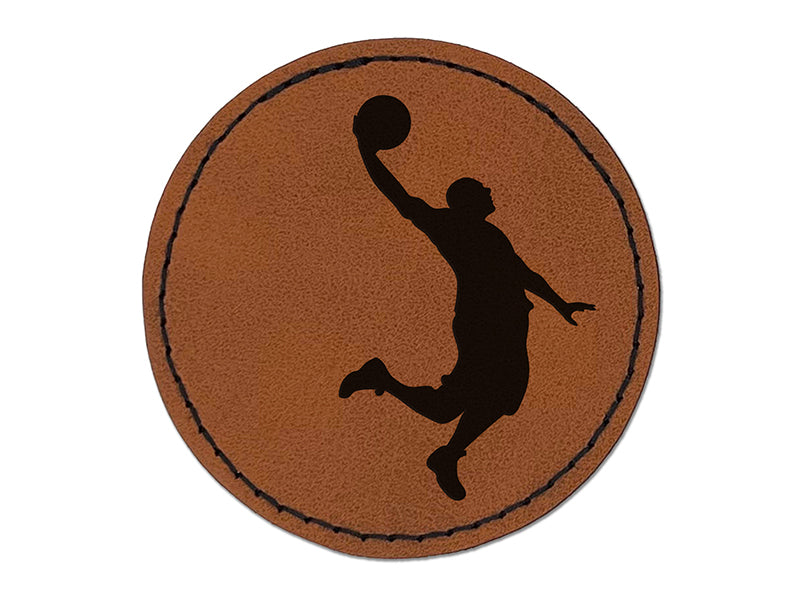 Basketball Player Slam Dunk Sports Round Iron-On Engraved Faux Leather Patch Applique - 2.5"