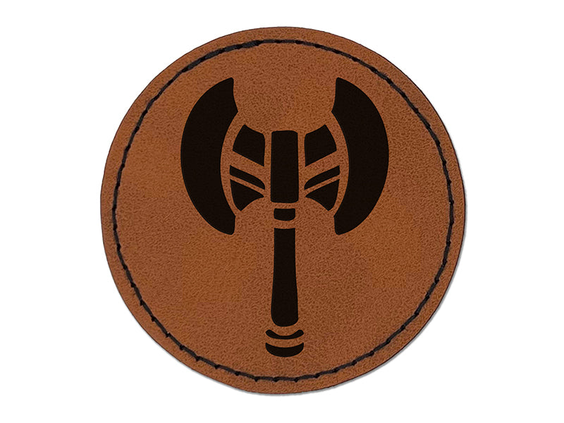 Battle Axe Dwarven Fantasy Weapon Round Iron-On Engraved Faux Leather Patch Applique - 2.5"
