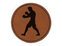 Boxer Fighter Stance with Boxing Gloves Pugilist Round Iron-On Engraved Faux Leather Patch Applique - 2.5"