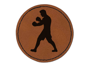 Boxer Fighter Stance with Boxing Gloves Pugilist Round Iron-On Engraved Faux Leather Patch Applique - 2.5"