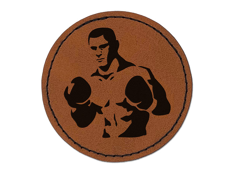 Boxer Man with Boxing Gloves Pugilist Round Iron-On Engraved Faux Leather Patch Applique - 2.5"