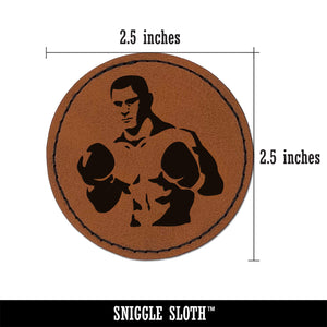 Boxer Man with Boxing Gloves Pugilist Round Iron-On Engraved Faux Leather Patch Applique - 2.5"