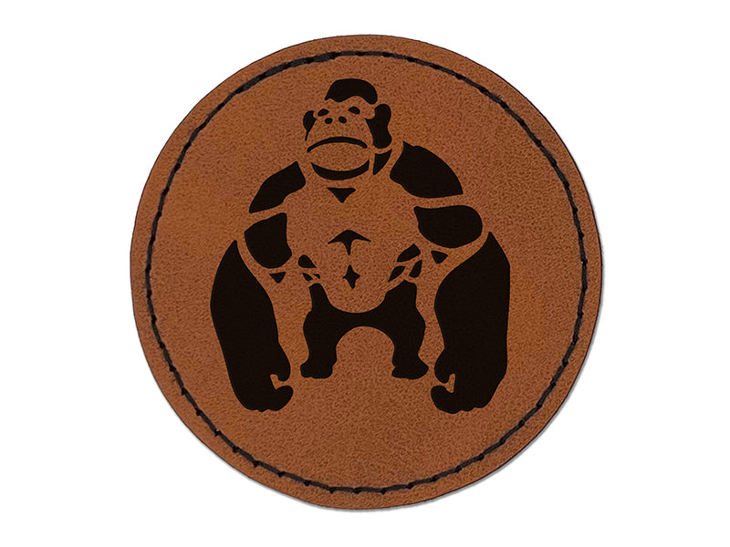 Brawny Gorilla Ape Round Iron-On Engraved Faux Leather Patch Applique - 2.5"
