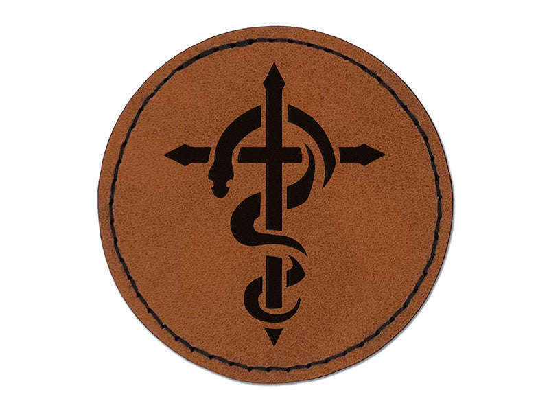 Brazen Serpent on Cross Good and Evil Round Iron-On Engraved Faux Leather Patch Applique - 2.5"