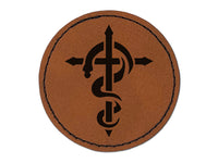 Brazen Serpent on Cross Good and Evil Round Iron-On Engraved Faux Leather Patch Applique - 2.5"