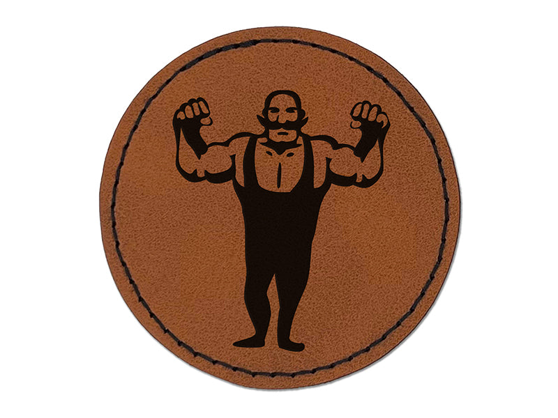Buff Strong Bald Circus Man with Mustache Round Iron-On Engraved Faux Leather Patch Applique - 2.5"