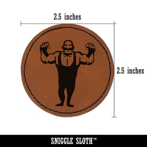 Buff Strong Bald Circus Man with Mustache Round Iron-On Engraved Faux Leather Patch Applique - 2.5"