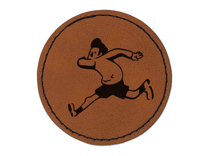Cartoon Running Man Exercise Round Iron-On Engraved Faux Leather Patch Applique - 2.5"