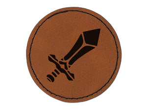 Sword Blade Fighter Fantasy Weapon Round Iron-On Engraved Faux Leather Patch Applique - 2.5"