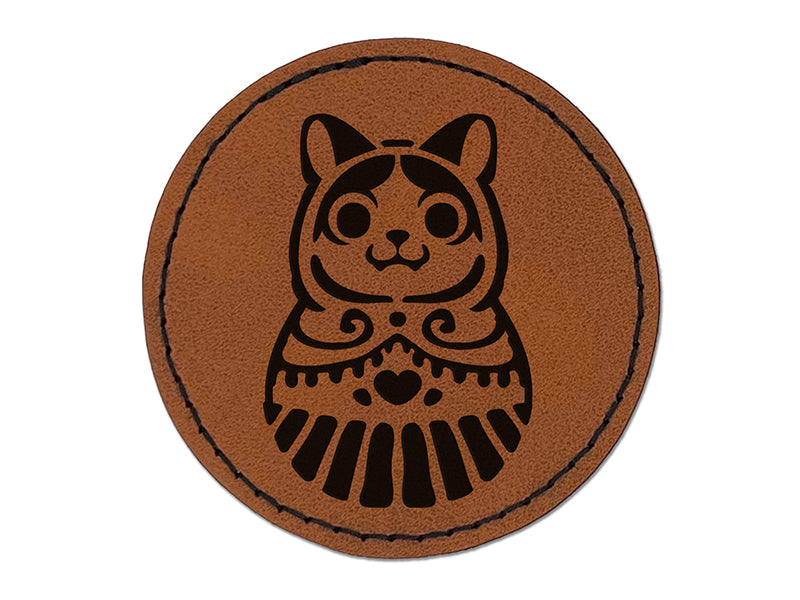 Cat Russian Nesting Doll Matroyshka Babushka Round Iron-On Engraved Faux Leather Patch Applique - 2.5"