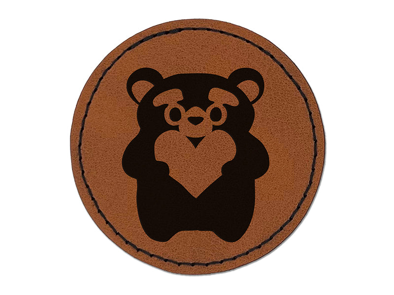 Cautious Bear with Heart in Hands Round Iron-On Engraved Faux Leather Patch Applique - 2.5"