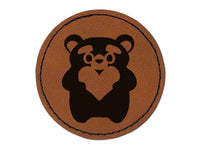 Cautious Bear with Heart in Hands Round Iron-On Engraved Faux Leather Patch Applique - 2.5"