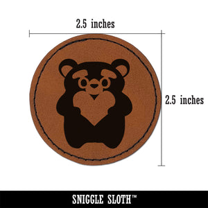 Cautious Bear with Heart in Hands Round Iron-On Engraved Faux Leather Patch Applique - 2.5"