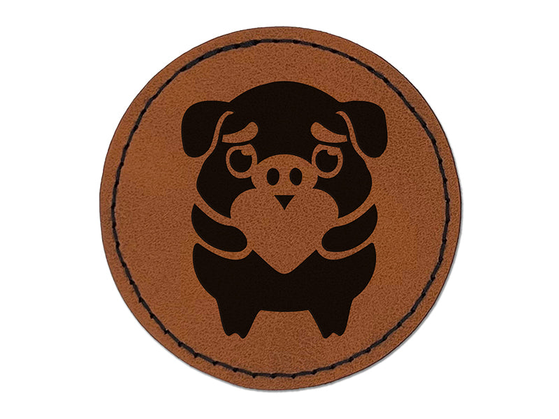 Cautious Pig with Heart in Hands Round Iron-On Engraved Faux Leather Patch Applique - 2.5"