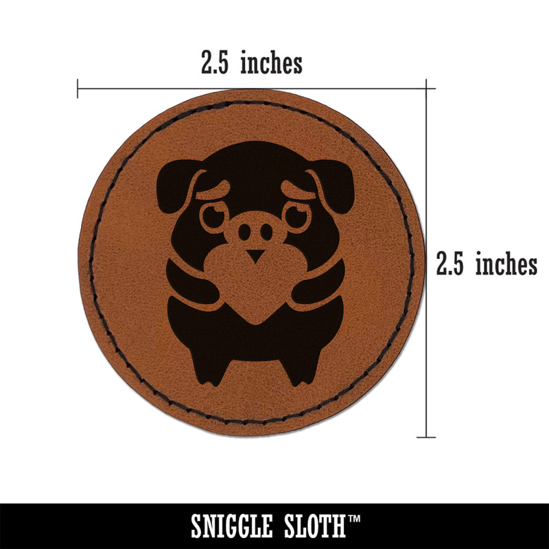 Cautious Pig with Heart in Hands Round Iron-On Engraved Faux Leather Patch Applique - 2.5"