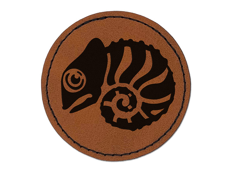 Cautiously Curled Chameleon Lizard Round Iron-On Engraved Faux Leather Patch Applique - 2.5"